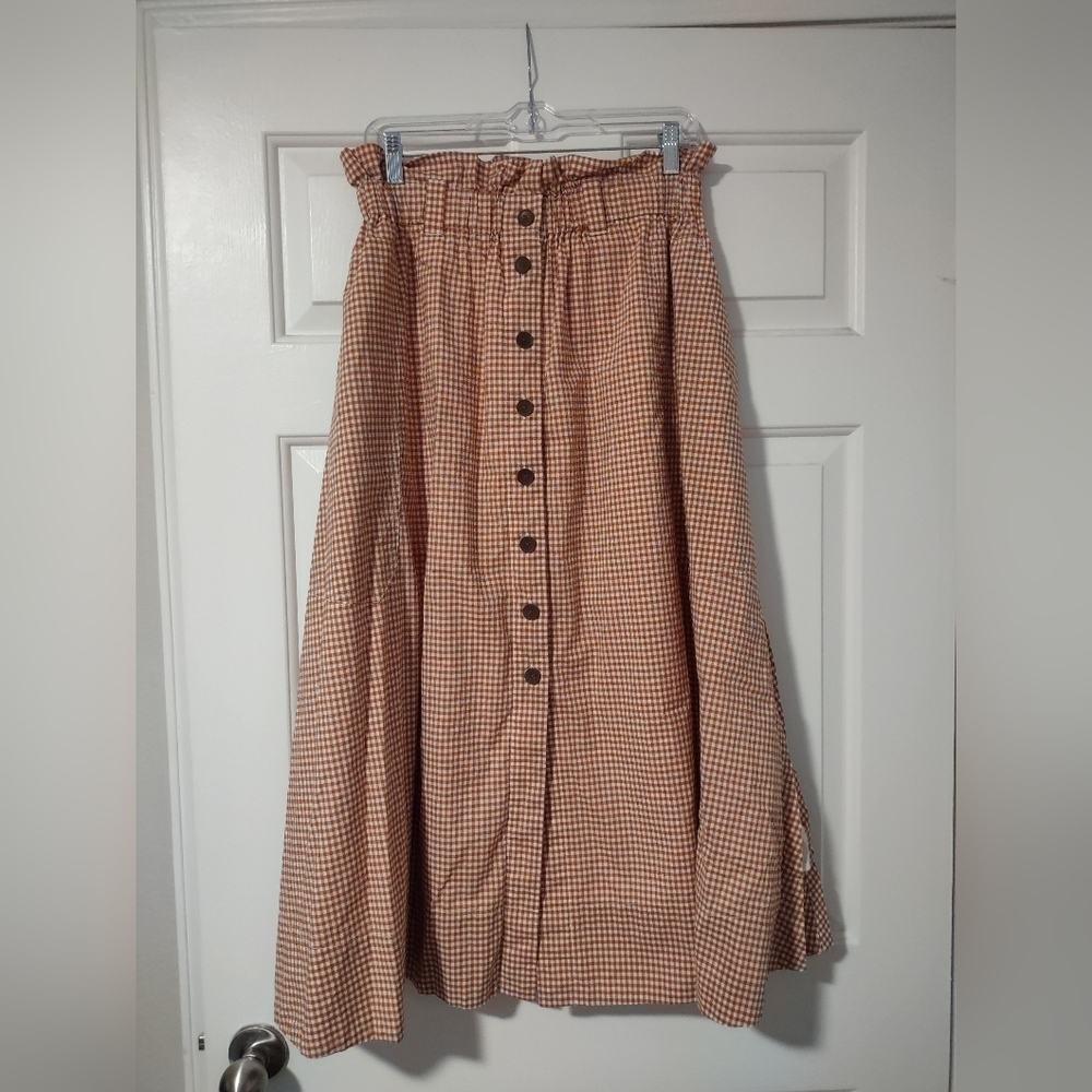 Everlane Women's Gingham Maxi Skirt Lined Pockets Brown White Size Small